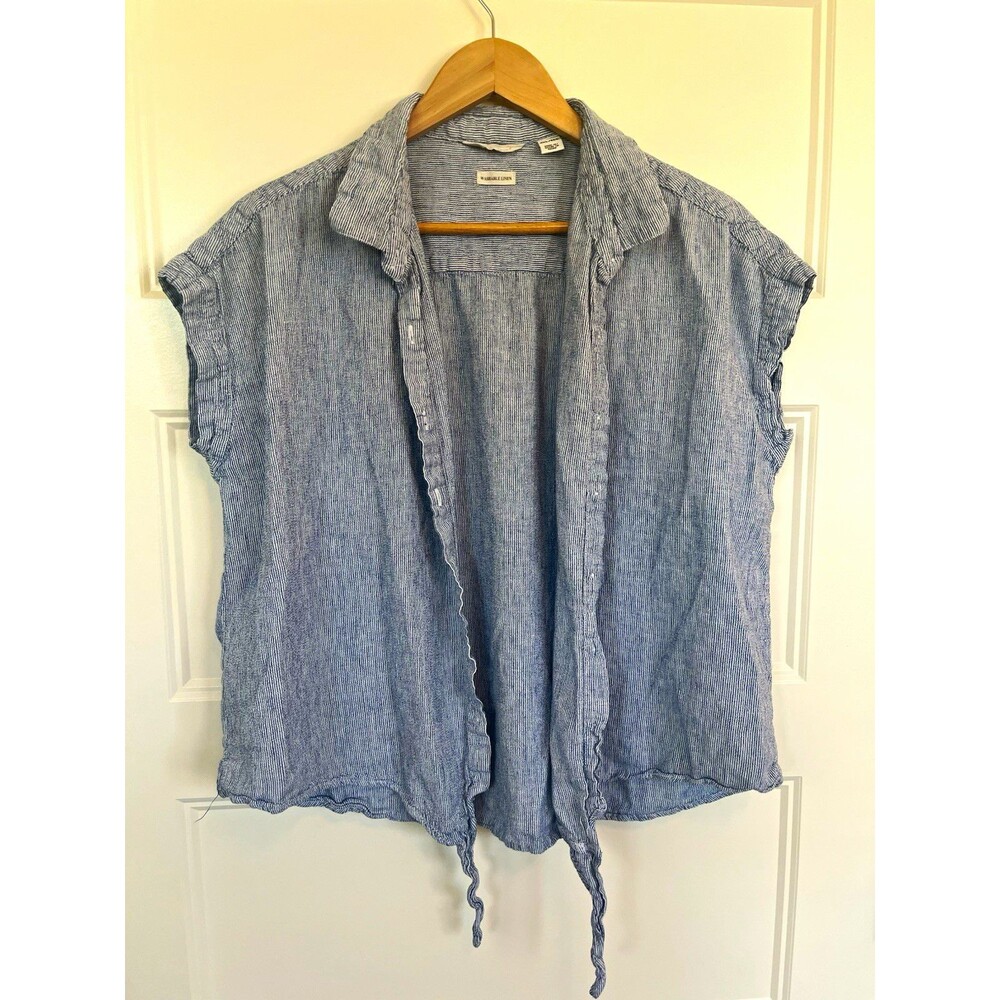 Weatherproof Vintage Linen Shirt Blue White Stripe Tie Hem Short Sleeve Top XXL